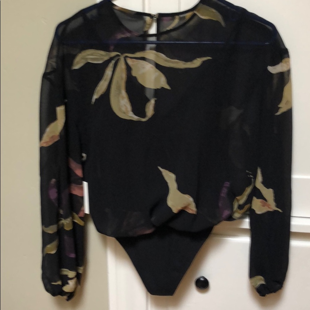 Long sleeve black floral bodysuit blouse
